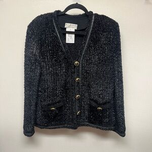 St. John Black Textured Knit Cardigan with Gold Buttons